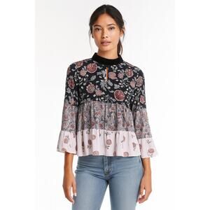 LOFT Black and Dusty Pink Floral Peplum Blouse